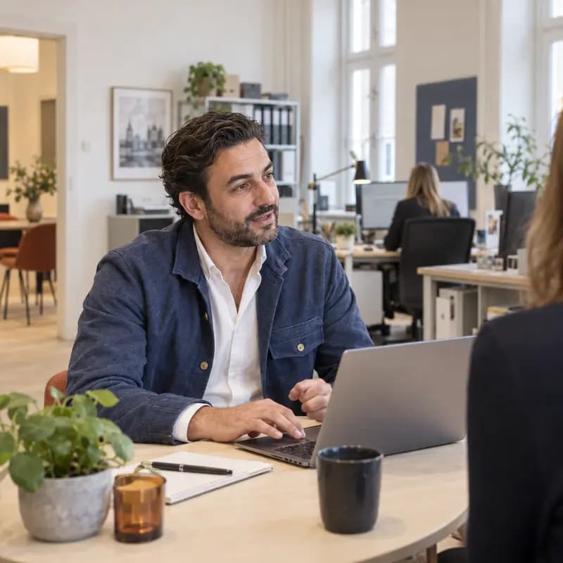 Adviser at an accounting firm talking with a client across a laptop, colleagues working in the background