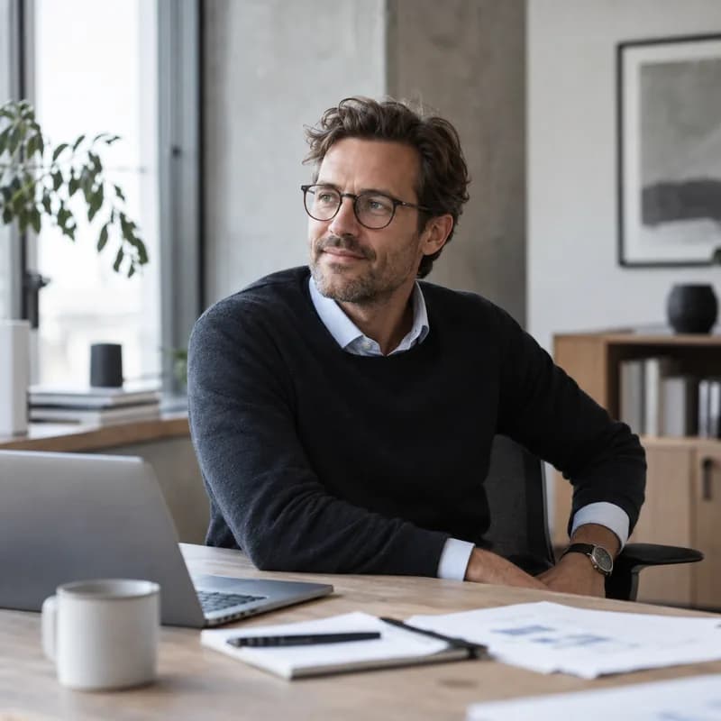 Ekonomichef vid sitt skrivbord med laptop, anteckningsblock och utskrivna rapporter
