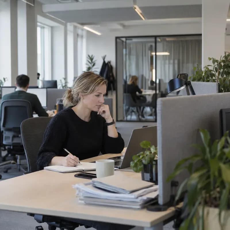 Accountant in an open-plan office taking notes beside a laptop, with binders and printouts on the desk