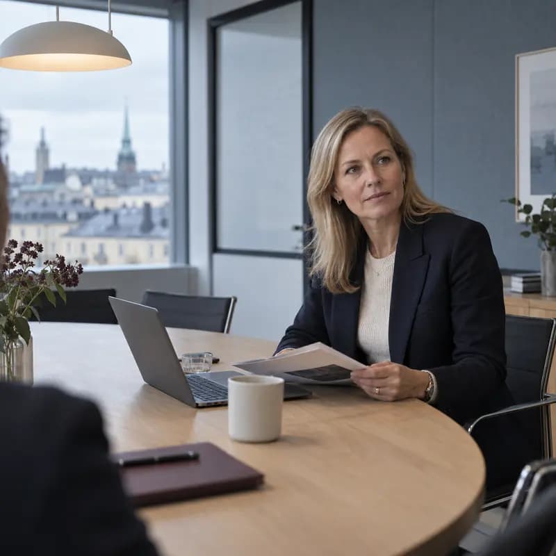 Investor in a meeting room overlooking the city, with printed reports and a laptop on the table
